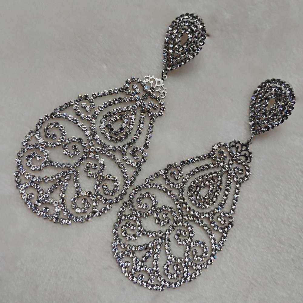 Beautiful Rhinestone Statement Earrings | Large Teardrop Sparkly Blingy | 4"